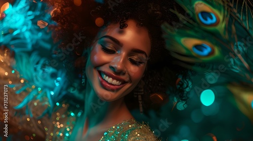 Joyful young woman with peacock feathers. vibrant carnival atmosphere. perfect for festive and fashion designs. enigmatic smile captured. AI