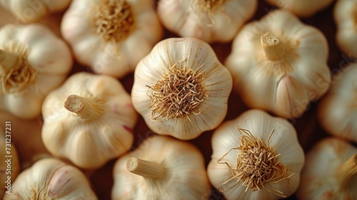 Garlic on wooden table. top view.