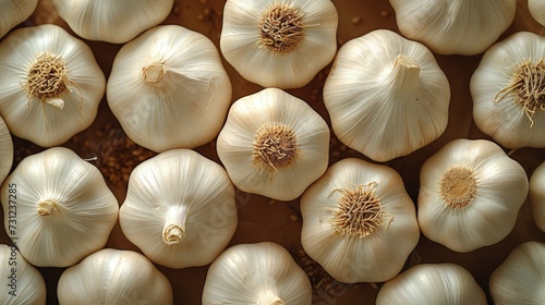 Garlic on wooden table. top view.