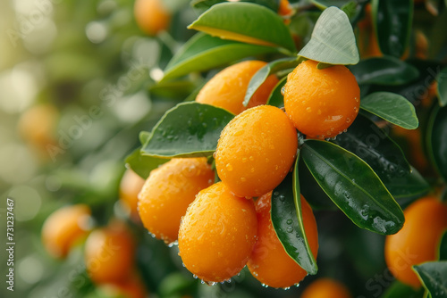 Kumquats foliage and fruits on kumquat tree. photo