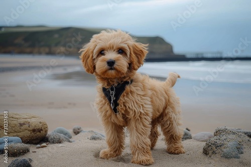 A loyal companion dog stands proudly on the sandy beach, its fluffy coat glistening in the sun as it gazes out at the vast ocean, a perfect blend of playful labradoodle and regal airedale terrier © Pinklife
