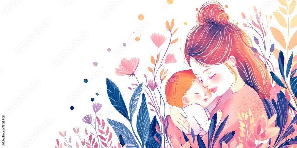Mother's day concept. Happy mother and baby, watercolour illustration, bright floral background. Copy-space
