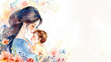 Mother's day concept. Happy mother with her baby, watercolour illustration, bright floral background. Banner with space for text