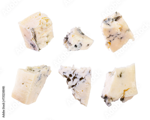 pieces of gorgonzola on a white background