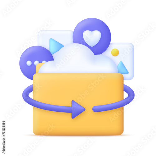 3D Cloud storage illustration. Multimedia. Digital file organization service or app with data transferring