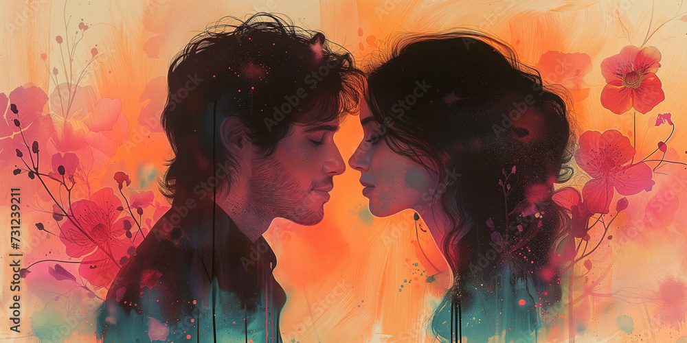 Silhouette of a young couple in love on an abstract multi-colored graphic background. Concept of unity, friendship and love. Illustration, poster for Valentine's Day Silhouette of a young couple in love on an abstract multi-colored graphic background. Concept of unity, friendship and love. Illustration, poster for Valentine's Day