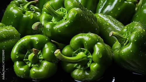 Pile of green bell peppers for a vegetable theme background, close-up view.