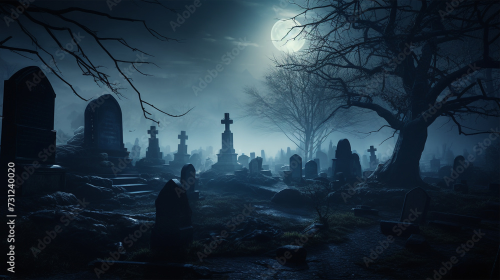 Misty terrifying cemetery graveyard at night in a full moon foggy Misty terrifying cemetery graveyard at night in a full moon foggy