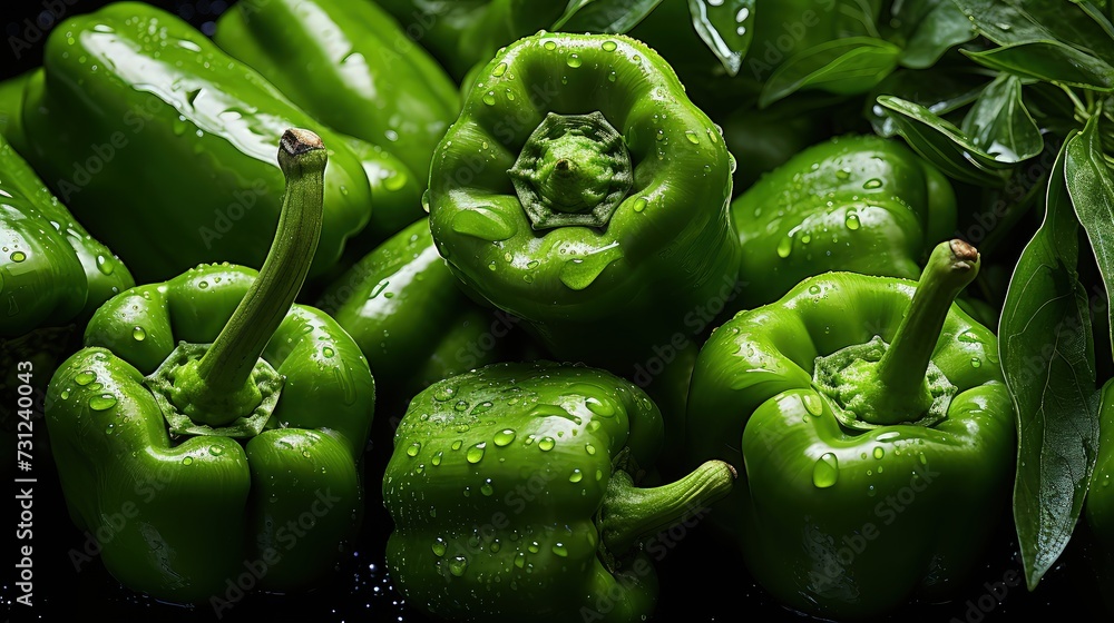 Pile of green bell peppers on black background for a vegetable theme background, top view. Pile of green bell peppers on black background for a vegetable theme background, top view.