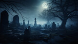 Misty terrifying cemetery graveyard at night in a full moon foggy