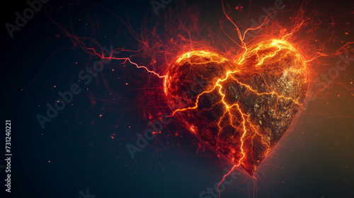 A broken heart with glowing cracks on a dark backdrop. photo