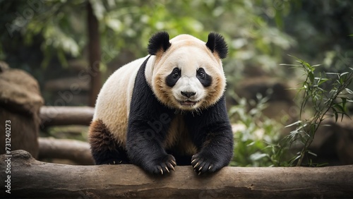 Cute panda in zoo on a wood