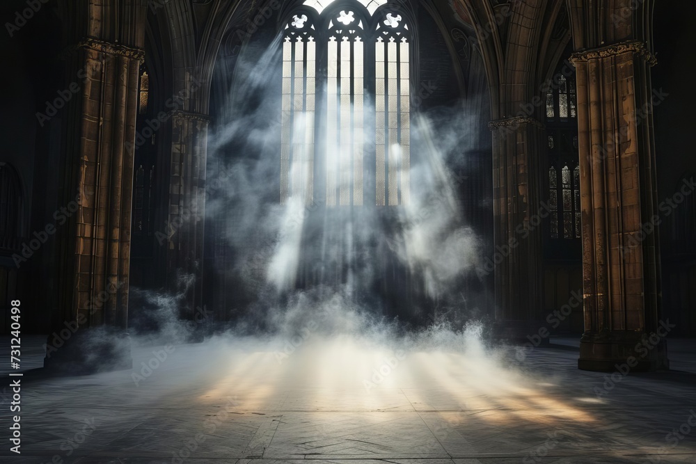 Abstract renaissance empty big hall with dark gothic light and smoke Offering a mysterious and atmospheric setting for creative and dramatic projects