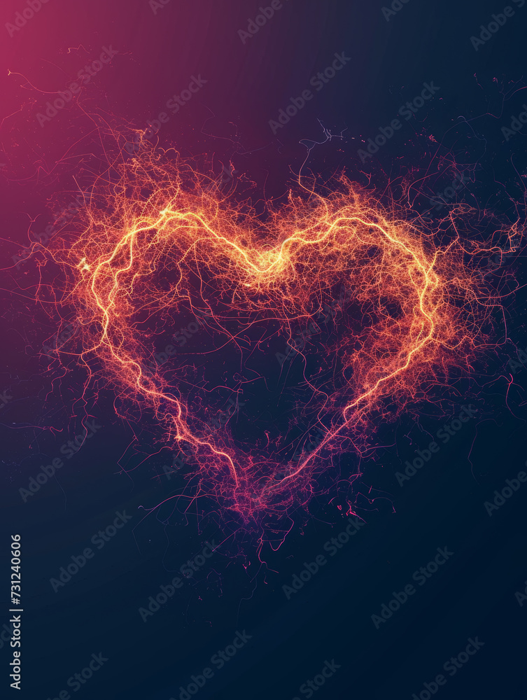 A heart illuminated with glowing fiery veins, floating in darkness.