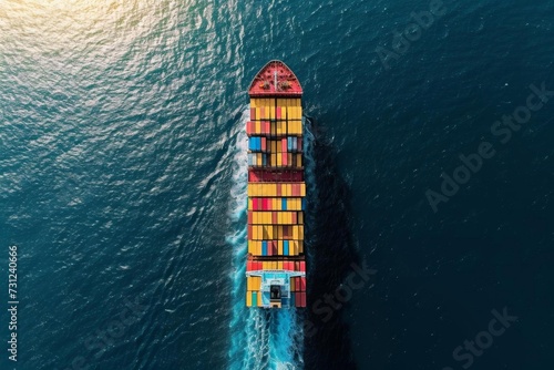 Aerial view from a drone of a container ship or cargo shipping business Showcasing the logistics Import And export of freight transportation by container ship in the open sea © Bijac