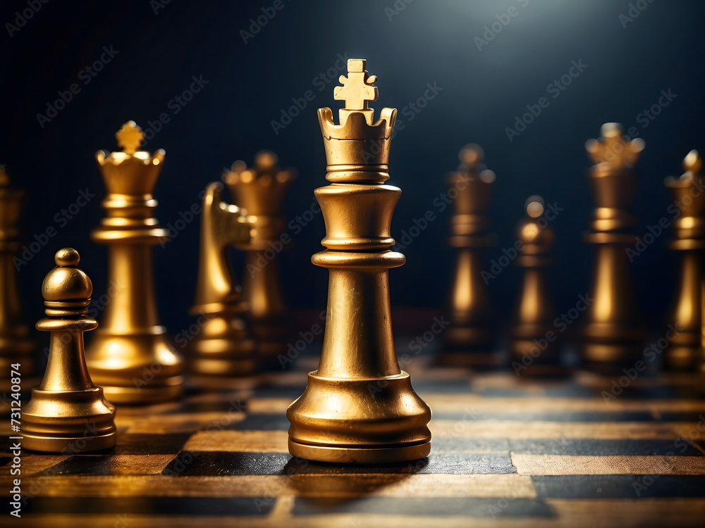 Close up the golden queen chess piece standing alone on a chessboard on a dark background. Leader, influencer, lonely, commander, strong, and business strategy concept design. Game business design