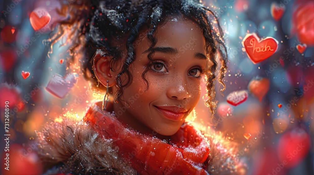 Woman With Curly Hair in Red Coat on Valentines Day. Generative AI. Woman With Curly Hair in Red Coat on Valentines Day. Generative AI.