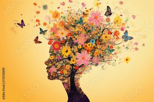 Artistic representation of the human mind A flourishing tree of creativity Positive thinking And mental wellness Adorned with flowers and butterflies