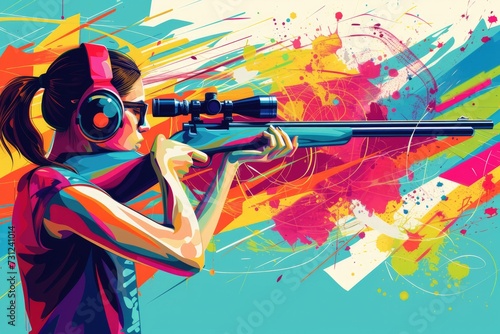 Female skeet shooter wears headphones while aiming at skeet Geometric in vector on colorful background