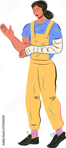 Woman with fracture of hand causing temporary disability. Health insurance and medical treatment costs in case of trauma and injury.