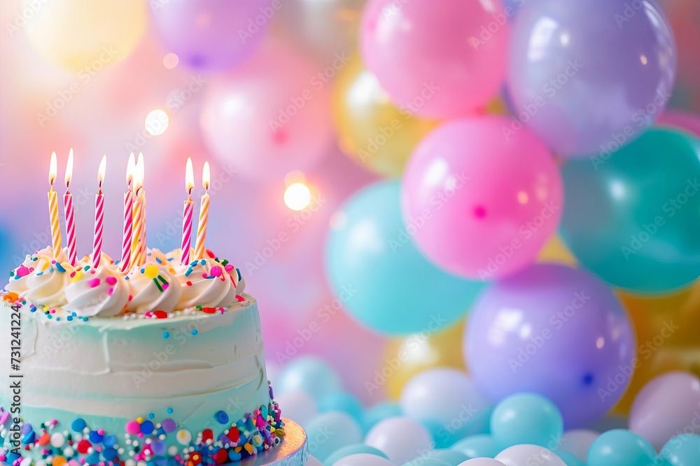 Birthday party scene with colorful balloons A festive background And a birthday cake with candles Creating a joyful and celebratory atmosphere for special occasions Birthday party scene with colorful balloons A festive background And a birthday cake with candles Creating a joyful and celebratory atmosphere for special occasions