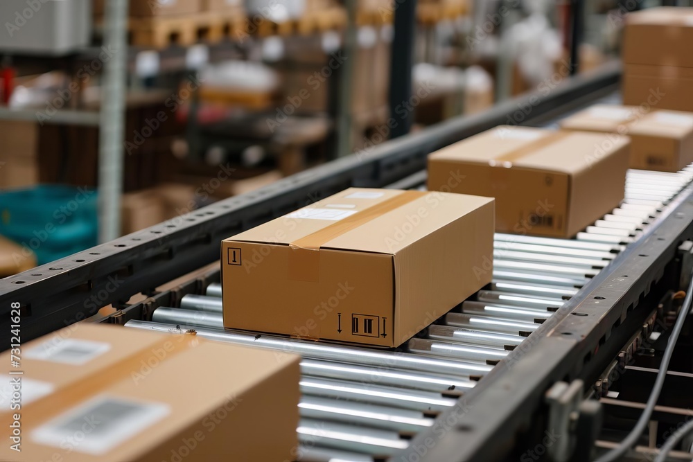 Cardboard box packages on a conveyor belt An efficient and automated scene of e-commerce fulfillment A representation of delivery Automation And product distribution