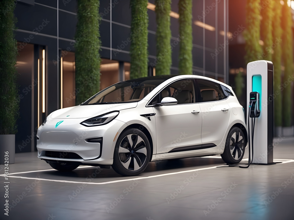 EV Car or Electric vehicle at a charging station design. Eco-friendly sustainable energy concept design. EV Car or Electric vehicle at a charging station design. Eco-friendly sustainable energy concept design.
