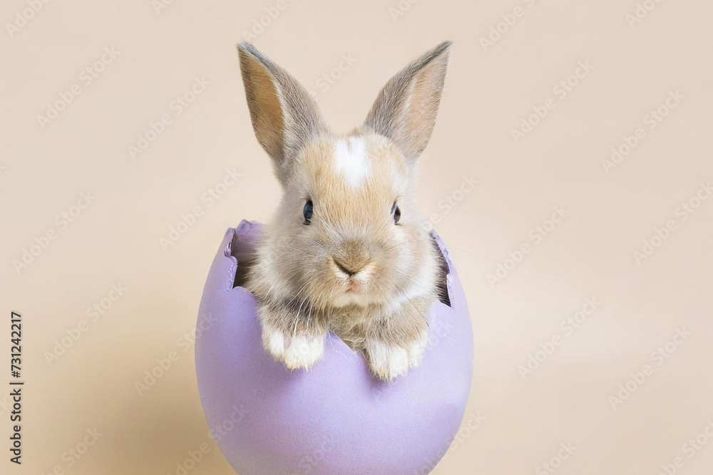 Obraz premium Cute Easter Rabbit bunny hatching from light pastel purple Easter egg,looking at the camera. isolated on pastel beige background. Copy space, Happy Easter holiday concept.