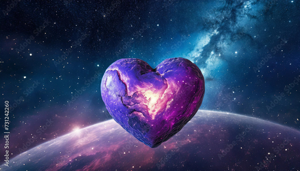 A heart drifting through cosmic system space.glowing purple plan
