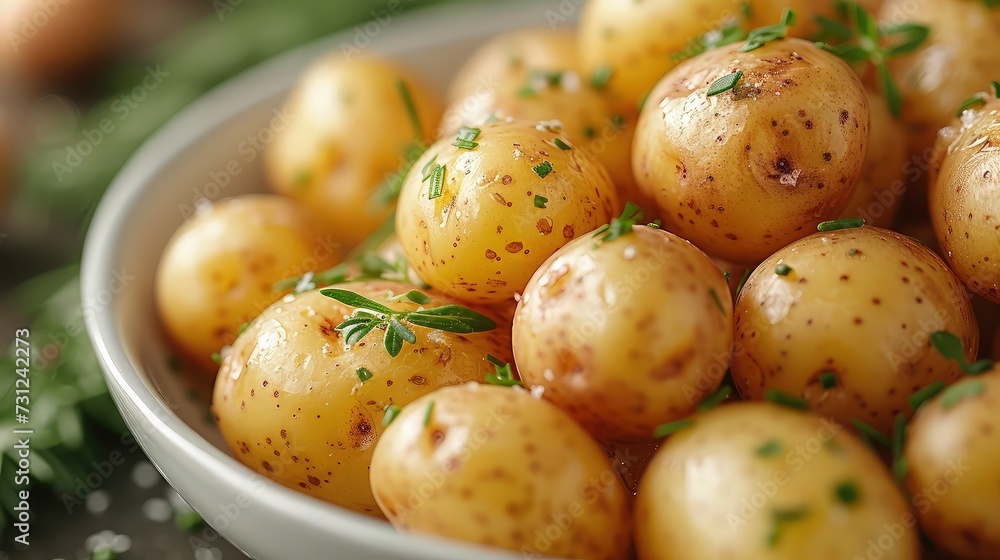 Steamed Potatoes with Garlic, Scallions and Parsley in a bowl on the table. Steamed Potatoes with Garlic, Scallions and Parsley in a bowl on the table.