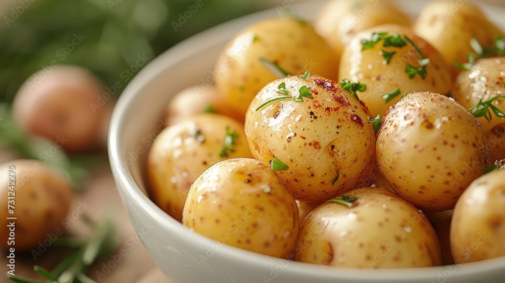 Steamed Potatoes with Garlic, Scallions and Parsley in a bowl on the table. Steamed Potatoes with Garlic, Scallions and Parsley in a bowl on the table.