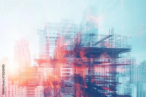 Digital illustration of building construction engineering with a futuristic double exposure effect Showcasing the synergy between architecture Engineering And technology