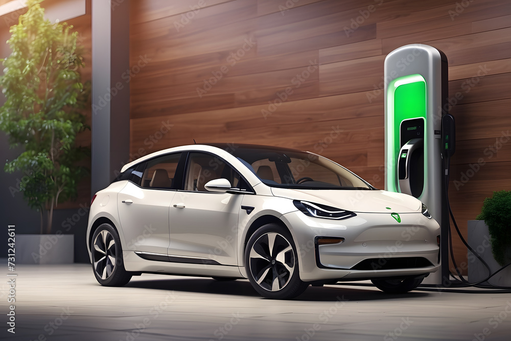 EV Car or Electric vehicle at a charging station design. Eco-friendly sustainable energy concept design. EV Car or Electric vehicle at a charging station design. Eco-friendly sustainable energy concept design.