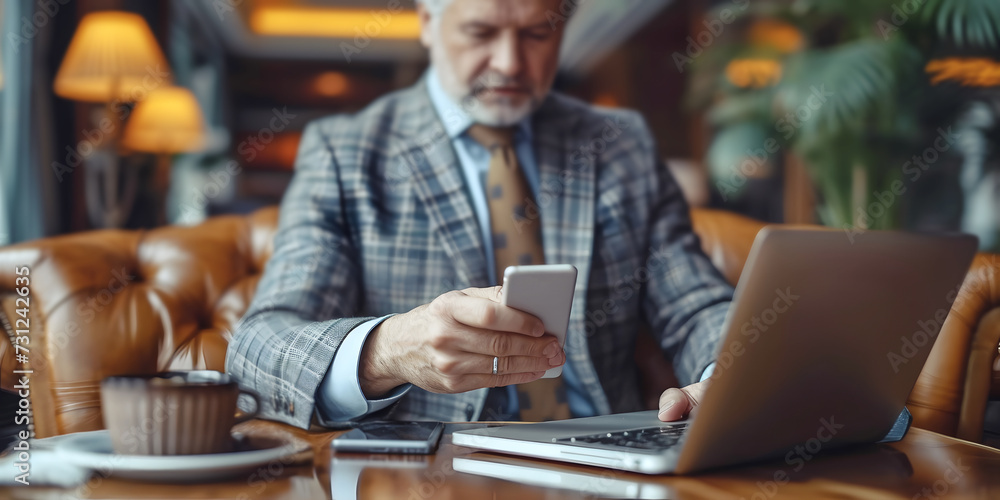 Senior man director with smartphone in hand sits at table with laptop. Bearded executive maintains control and efficiency of company sitting on leather sofa Senior man director with smartphone in hand sits at table with laptop. Bearded executive maintains control and efficiency of company sitting on leather sofa