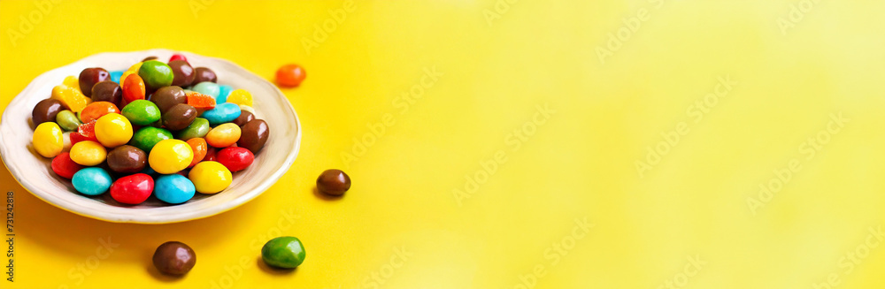 Multicolored candies on plate on yellow background. International No Diet Day is celebrated on May 6.Copy space,banner.Pastel color. Multicolored candies on plate on yellow background. International No Diet Day is celebrated on May 6.Copy space,banner.Pastel color.