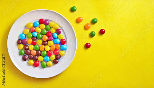 Multicolored candies on plate on yellow background. Internationa photo