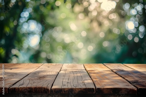 Empty old wooden table with a rustic feel Set against a blurred background Perfect for product displays or as a natural backdrop for creative projects