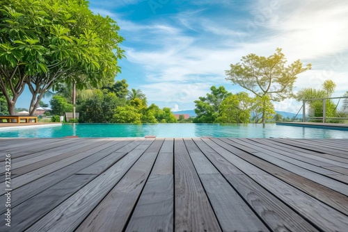 Empty wooden deck with a pool A serene and inviting outdoor setting A perfect backdrop for relaxation and leisure