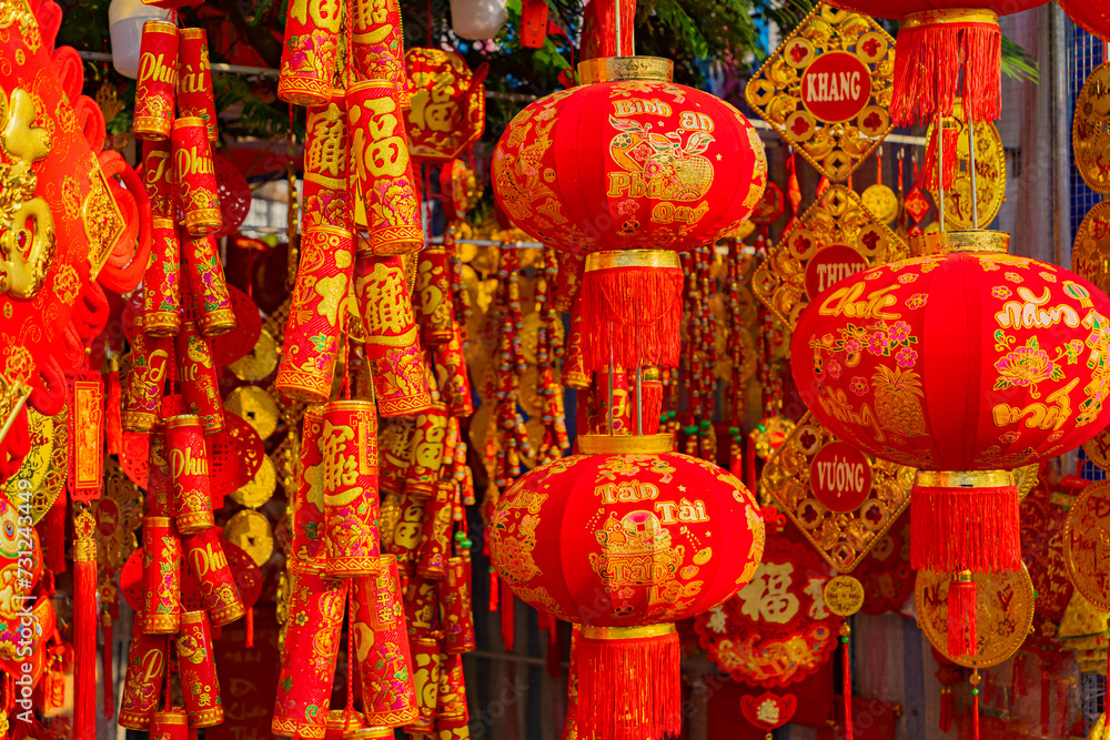 The fair before the Lunar New Year.
The Eastern New Year according to the lunar calendar. Sale of attributes and jewelry in Nha Trang in Vietnam.