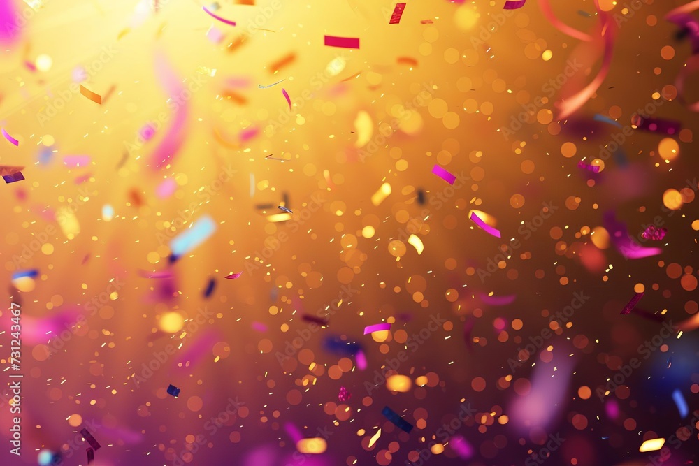 Festive party atmosphere A golden background with flying neon confetti A vibrant and celebratory scene.