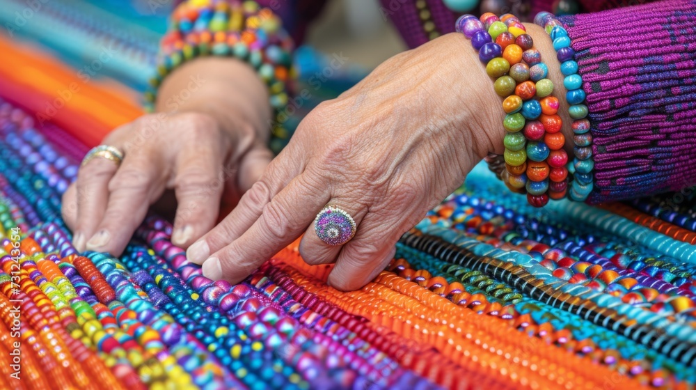 A woman is working on a colorful woven piece of cloth, AI - obrazy, fototapety, plakaty 