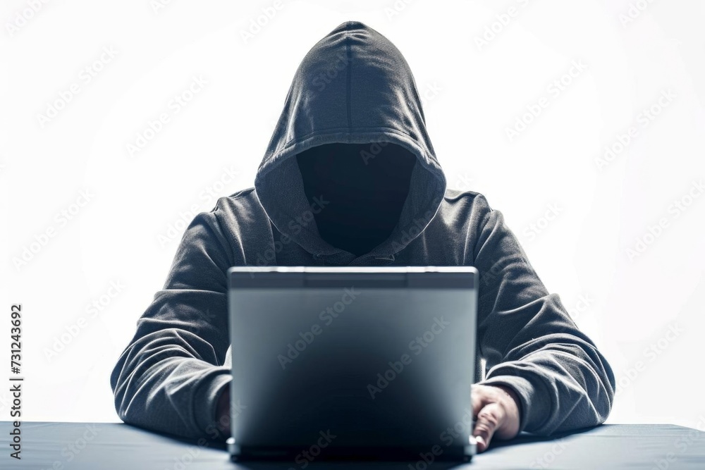 Hacker isolated on white background A concept of cyber threats and security breaches A visual metaphor for digital vulnerability and online crime Hacker isolated on white background A concept of cyber threats and security breaches A visual metaphor for digital vulnerability and online crime