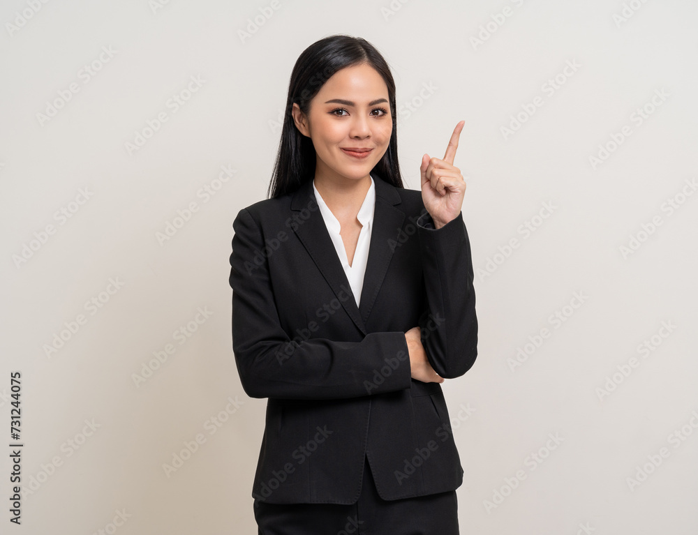 Beautiful young asian business woman in suit. Charming female lady standing pose thinking on isolated white blank background. Asian female office worker have idea with copy space for text advertise Beautiful young asian business woman in suit. Charming female lady standing pose thinking on isolated white blank background. Asian female office worker have idea with copy space for text advertise