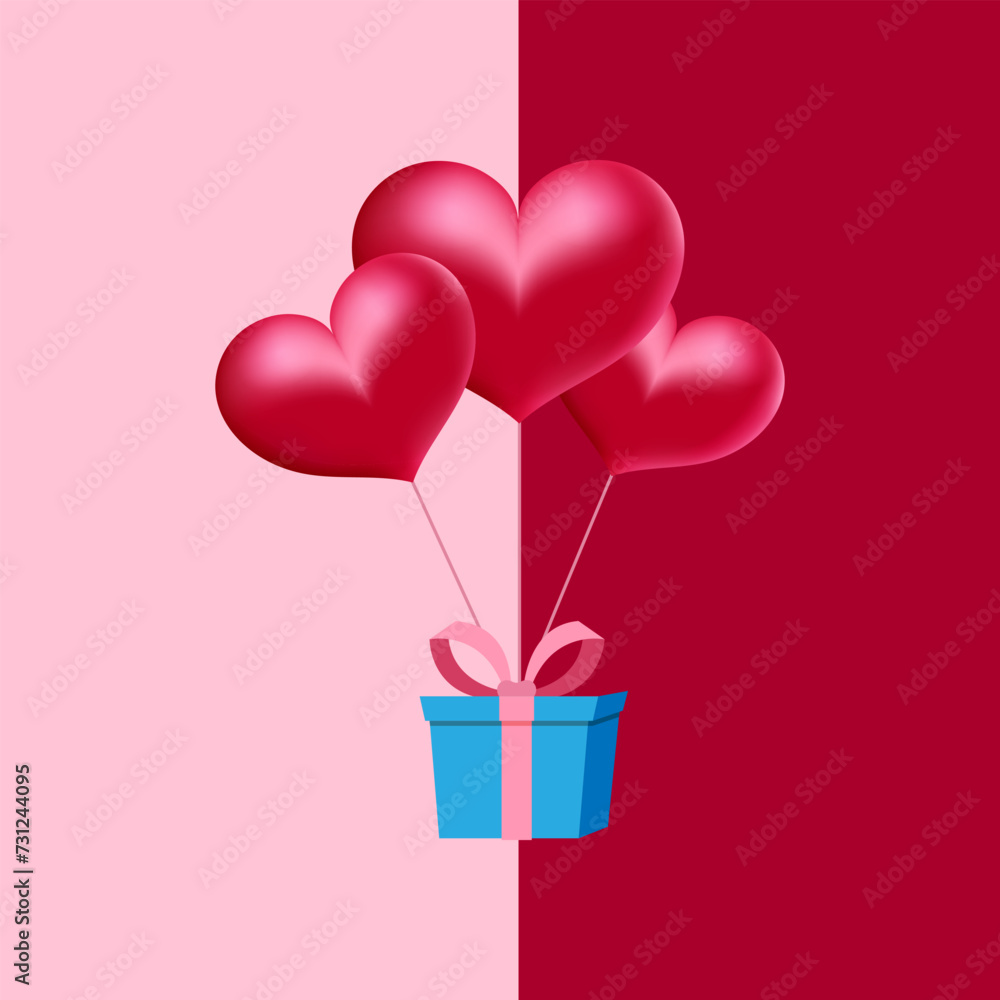 Greeting card with gift box and three heart shaped balloons