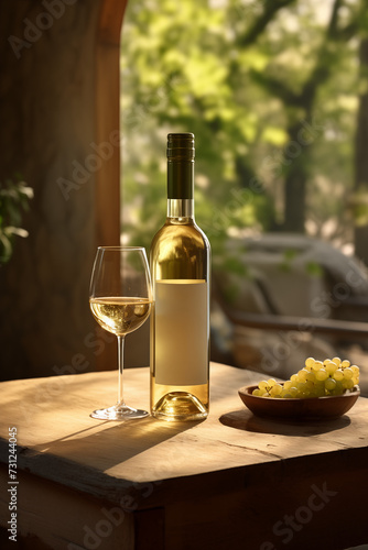 Crisp white wine in a glass with a matching bottle with a blank label and fresh grapes on a sunlit wooden tabletop, with a greenery backdrop. 
