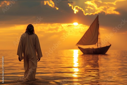 Jesus christ walking towards a boat A serene and spiritual scene A representation of faith and divine guidance in the evening light