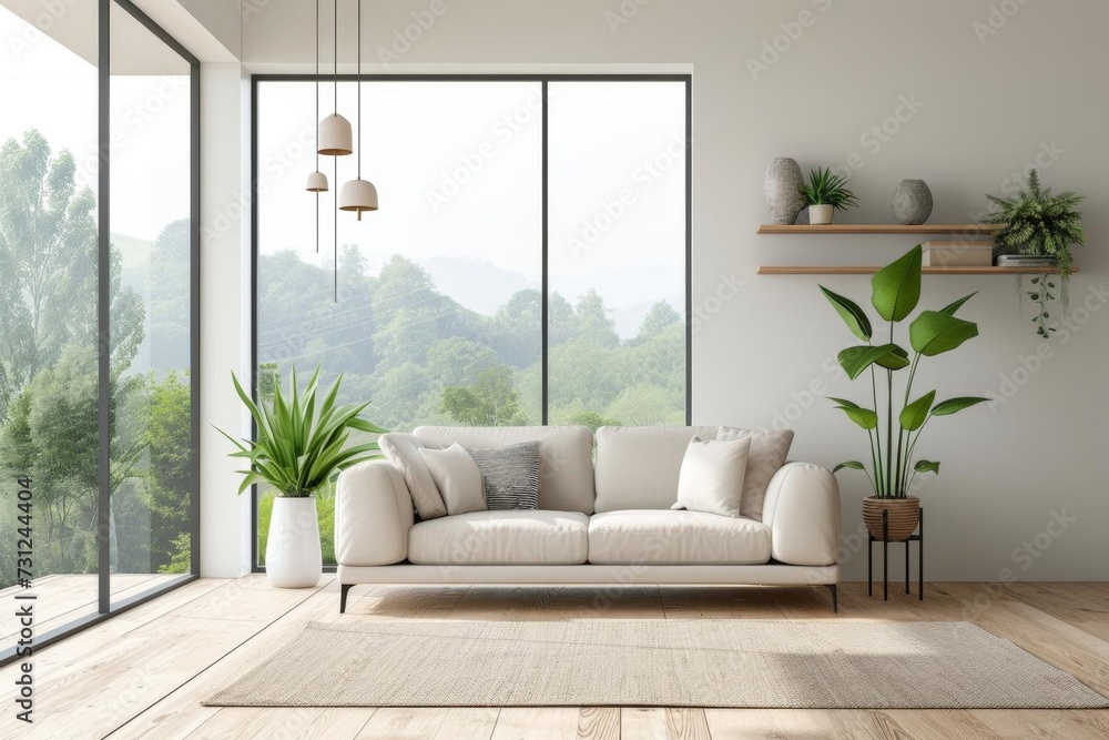 Fototapeta premium Minimalist white living room interior with a sofa on a wooden floor Stylish decor on a large wall And a window showcasing a serene landscape Perfect for modern home design and decor inspiration