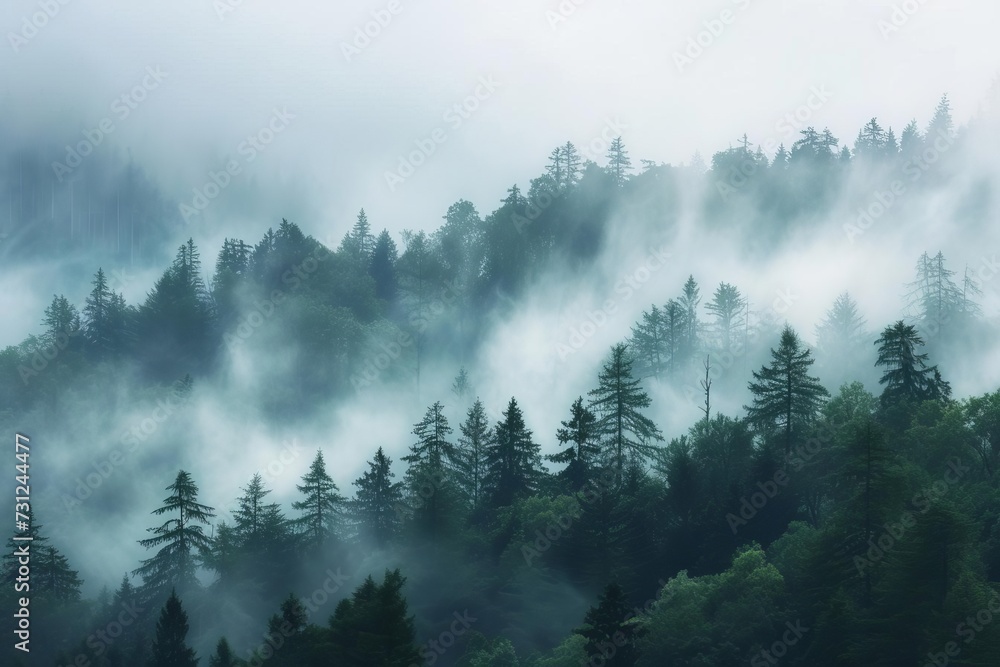 Mountain forest enveloped in morning mystic fog Offering a serene and mysterious landscape that captures the ethereal beauty of nature