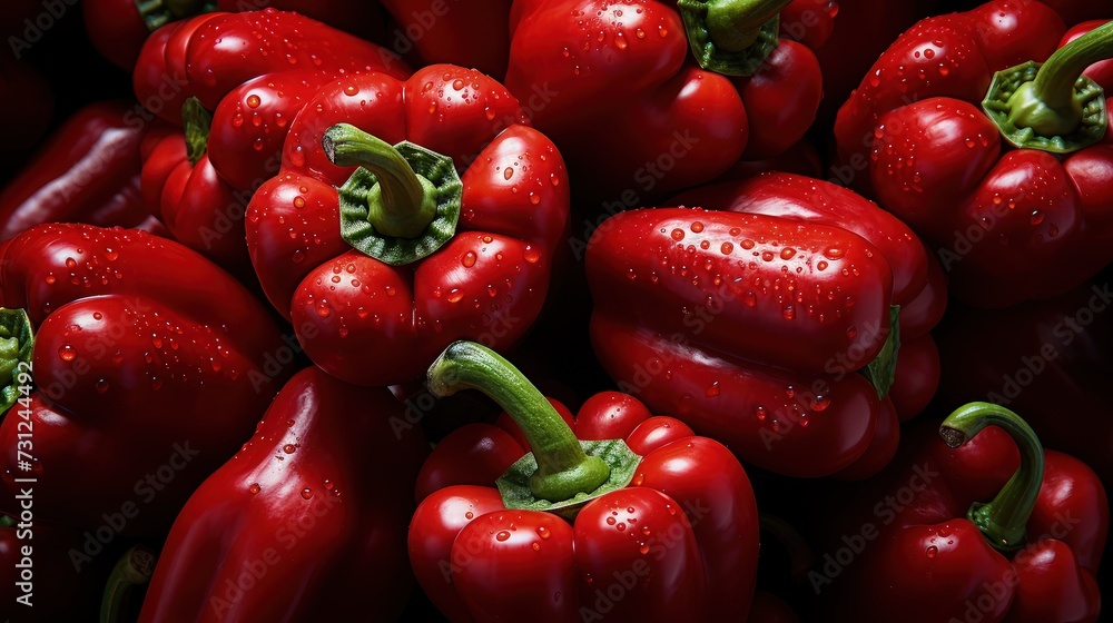 Pile of fresh red bell peppers, close up view.