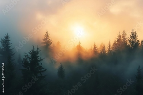 Serene sunrise peering through a misty forest Evoking a sense of peace and the beauty of nature